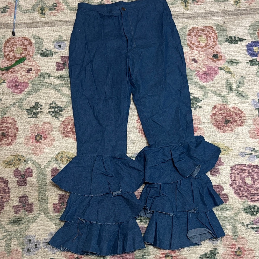 Elegant Navy Ruffle Wide Leg Pants